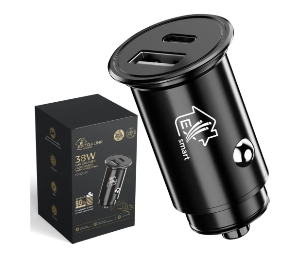 ExtraLink SMART LIFE CAR CHARGER 38W 1X USB-C 1X USB-A BLACK - 1570045 - zdjęcie